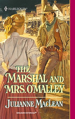 Illustration of an Old West sheriff leaning against a post while a woman in a full pink skirt and white shirtwaist walks past with her back to the viewer.